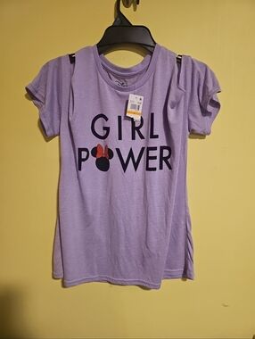 NWT Disney Juniors Size Small Minnie Mouse "Girl Power" Shirt Cutout Shoulders